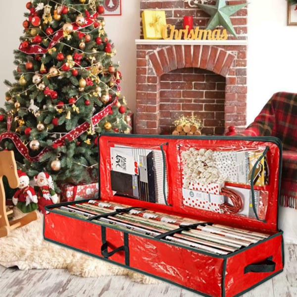 Christmas Gift Wrap Storage Bag Waterproof Underbed Storage Organizer with Reinforced Handles Xmas Wrapping Paper Storage Box - Image 4