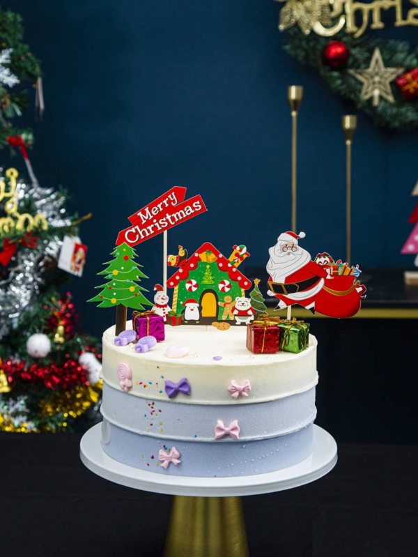 8Pcs Christmas Theme Santa Claus, Christmas Tree, Hat, Merry Christmas Cake Decorations - Image 2